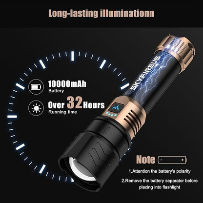 SKYFIRE LED Flashlights High Lumens,10000mAh Super Bright Rechargeable Flashlight,Zoomable,Four Modes,Waterproof Flash Light for Camping Essentials,Outdoor and Home Emergencies-No Lens