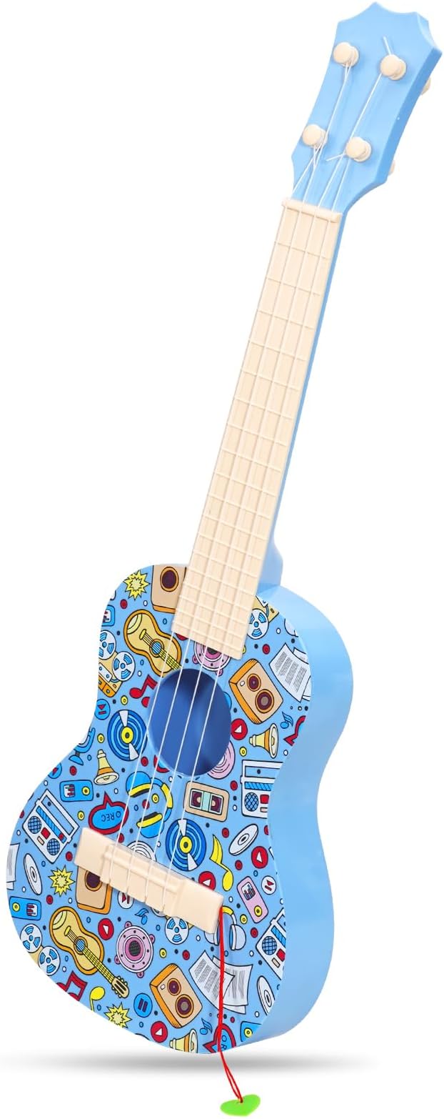 LeeQee 21in Colorful Graffiti Ukulele Guitar for Kids, 4 Strings Kids Guitar Ukulele Musical Instruments Learning Educational Toys with Picks for 3 4 5 6 7 8 9 10 11 12 Toddler Boys Girls (Blue)