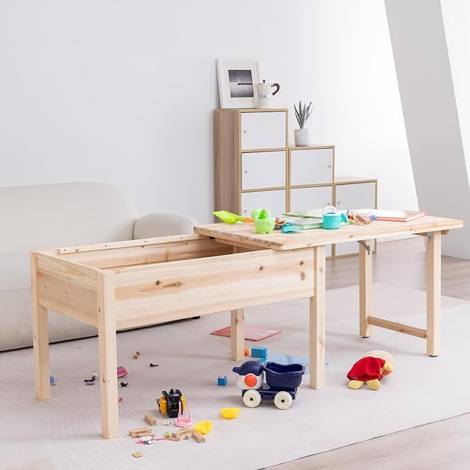 BIRASIL Wooden Kids Table with Storage, Sensory Tables with Folding Lid for Children, Elevated Activity Play Table for Indoor Outdoor, Natural Wood