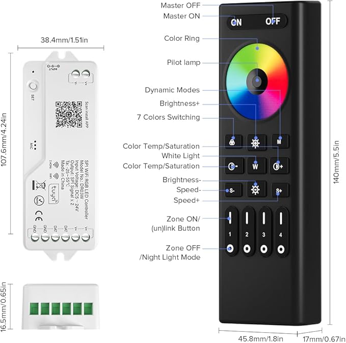 BTF-LIGHTING 2.4G WiFi DR03W RGB SPI Controller RC03RF RF Remote Tuya APP/Smart