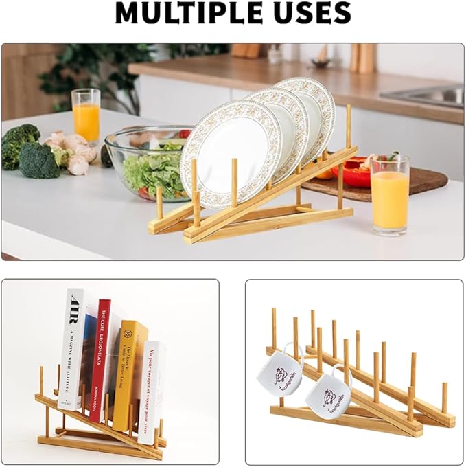 4 PCS Wooden Dish Drying Rack Bamboo Plate Dish Rack Stand Kitchen Cabinet