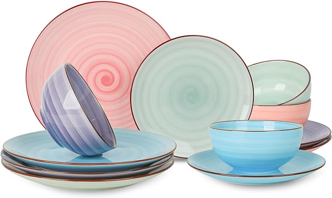 Selamica Ceramic 12-Pieces Dinnerware Sets, Scratch Resistant Plates and Bowls Sets, Handpainted Swirl Dishes Set for 4 with Spray Black Dots, Dishwasher&Microwave Safe, Gradient Color