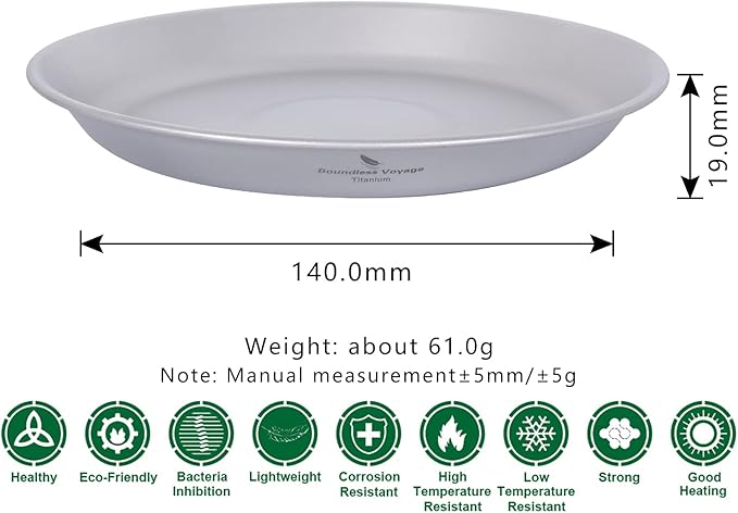iBasingo Titanium Camping Plates with Mesh Bag - 174mm Ultralight Backpacking Dinnerware for Hiking, Survival Kit & Outdoor Cooking, 61g Ti1111T