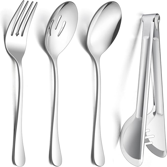E-far Large Serving Utensils Set of 8, Stainless Steel 9.8 Inch Serving Spoons Slotted Spoon, 9.9 Inch Serving Fork, 9.4 Inch Serving Tong for Buffet Catering Banquet, Mirror Finish & Dishwasher Safe