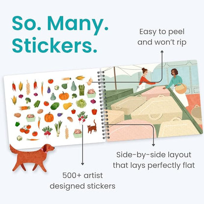 CUPKIN Sticker Book for Kids 2-4, 500+ Kids Stickers, Farmer's Market 12 Coloring Pages 12 Side by Side Scenes, Fun Toddler Travel Activity Coloring and Sticker Books for Children Ages 4-8 + 8-10