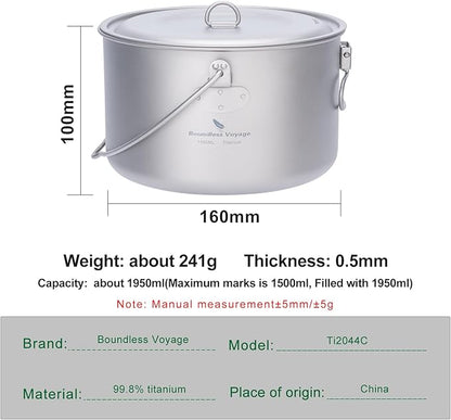 Boundless Voyage Titanium Hanging Pot for Outdoor Camping Backpacking Hiking Ultralight Portable Cooking Pot Camp Kitchen Cookware 1300ML/1950ML/2900ML