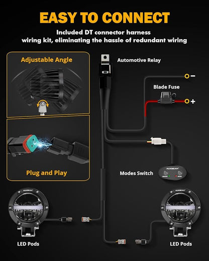 Auxbeam 4 Inch 110W Round Offroad Lights, Amber DRL Design 11000LM LED Light Pods, Super Bright 7035 SMD LED Work Driving Fog Light with DT Wiring Harness Kit for Truck Jeep Pickup SUV ATV UTV, 2 PCS