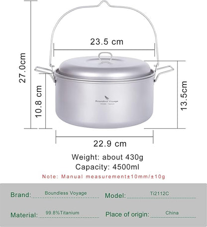 Boundless Voyage Titanium 4.5L Hanging Pot with Steaming Rack Folding Handle Outdoor Camping Cooking Stockpot Steamer Set