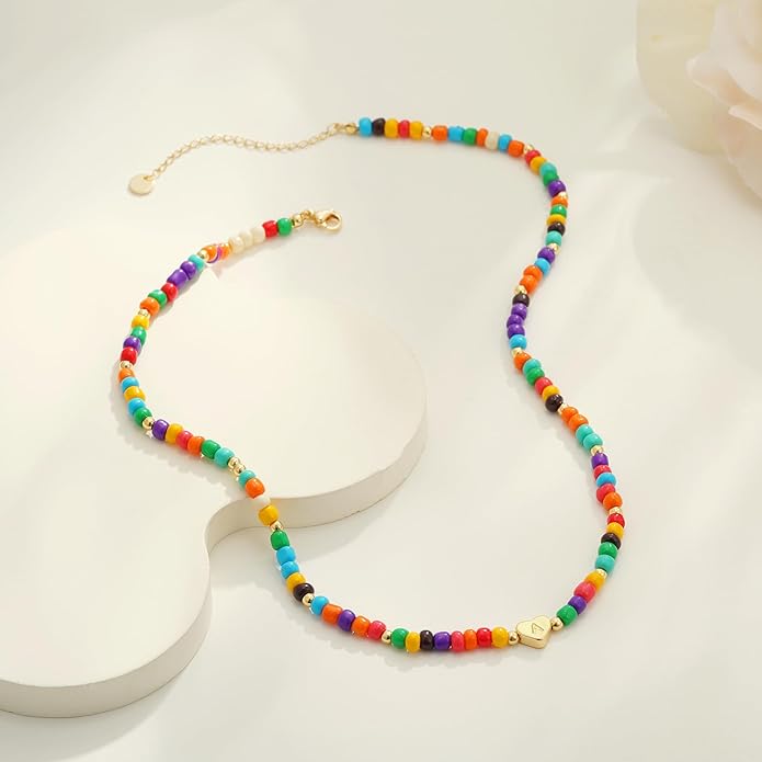 Colorful Heart Initial Necklaces for Girl Kids - 18K Gold Filled Colorful Bead Initial A-Z Letter Necklace Teen Girls Gifts Trendy Stuff Birthday Gifts for 5 6 7 8 9 10 Year Old Girls Gift