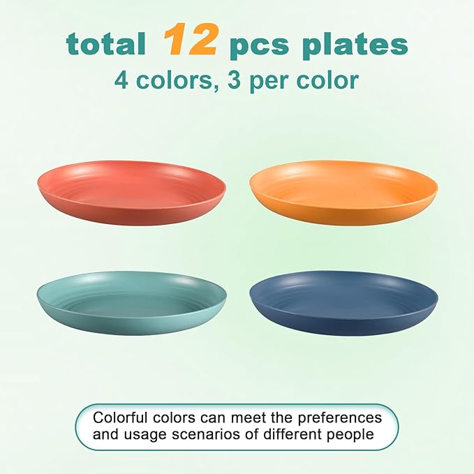 12 Pcs Unbreakable Deep Dinner Plates Set, 9 inch Reusable Plastic Wheat Straw Plates, Microwave and Dishwasher Safe Plate for Kitchen, Lightweight Plate for Dessert, BPA Free, 4 Colors