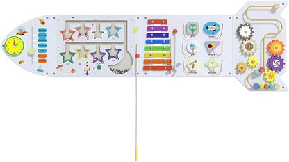 Montessori Busy Board - White Rocket Activity Wall Panels, Wall Toys for Toddlers 3+, Sensory Panels for Kids, Wooden Activity Cubes, Playroom Daycare Toys, Toddler Sensory Board (4PCS)
