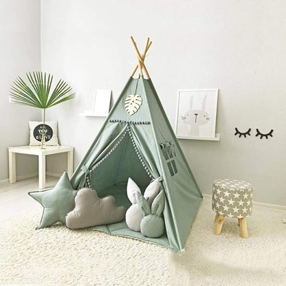 Kids Teepee Tent with White Pom Pom - Indoor Play Teepee for Children Boys Portable Play House (Green)