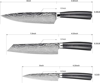 3 Piece Japanese Knife Set,Ultra Sharp Chef Knife Kitchen Cooking Knife Paring Knife German High Carbon Stainless Steel with Sheaths Wooden Handle for Home Outdoor Gift Idea