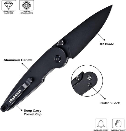 Hightron Birdidi Folding Pocket Knife, 2.91" D2 Blade Aluminum Handle with Deep-Carry Clip, Sharp EDC Tactical Knives for Men Women Lightweight Cutter for Camping Hiking Black-B