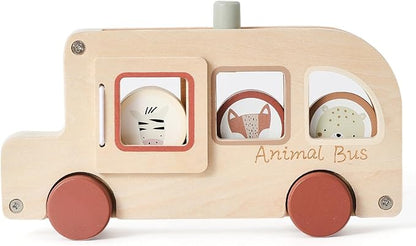 Wooden Animal Bus Toy with 3 Removable Animal - Shaped Discs, Designed with Pop Up, Roll and Ride Toy for Toddler Aged 3 Years and Up, Interactive Montessori Educational Toy for Toddlers' Daily Play