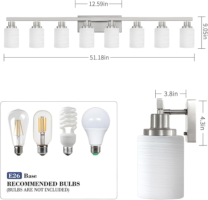 DIKAIDA 8-Light Bathroom Light Fixtures, 52inch Nickel Vanity Light