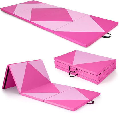 Giantex 4'x10'x 2" Gymnastics Mat, 4-Panel Folding Aerobics Exercise Mat w/Hook & Loop Fastener, Carrying Handle, Portable Tumbling Mat for Stretching Yoga Cheerleading Martial Arts