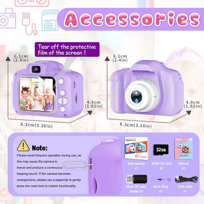 Upgrade Kids Selfie Camera, Christmas Birthday Gifts for Girls&Boys Age 3-9, HD Digital Video Cameras for Toddler, Portable Toy for 3 4 5 6 7 8 Year Old Girls&Boys with 32GB SD Card (Purple