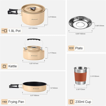 Odoland 15pcs Camping Cookware Mess Kit, Non-Stick Lightweight Pot Pan Kettle Set with Stainless Steel Cups Plates Forks Knives Spoons for Camping, Backpacking, Outdoor Cooking and Picnic