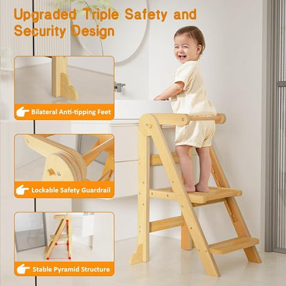 Toddler Tower, Foldable Step Stool for Toddlers, Toddler Kitchen Stool Helper with 3 Adjustable Height Safty Rail and Anti-Tip Structure, Learning Tower for Toddlers Baby Kids