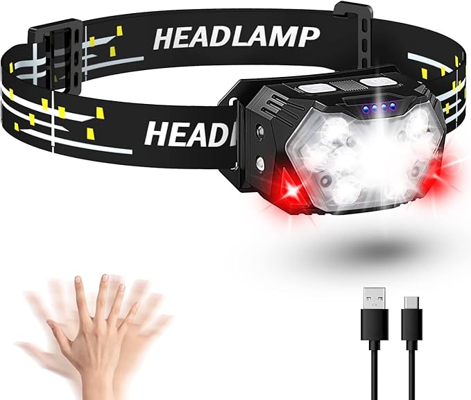 2000LM Ultra Bright 9 LED Headlamp, USB C Rechargeable Headlight, 10 Modes, Waterproof Motion Sensor Head Lamp Flashlight with White Red Light, Adjustable Headband for Adults Outdoor Hiking