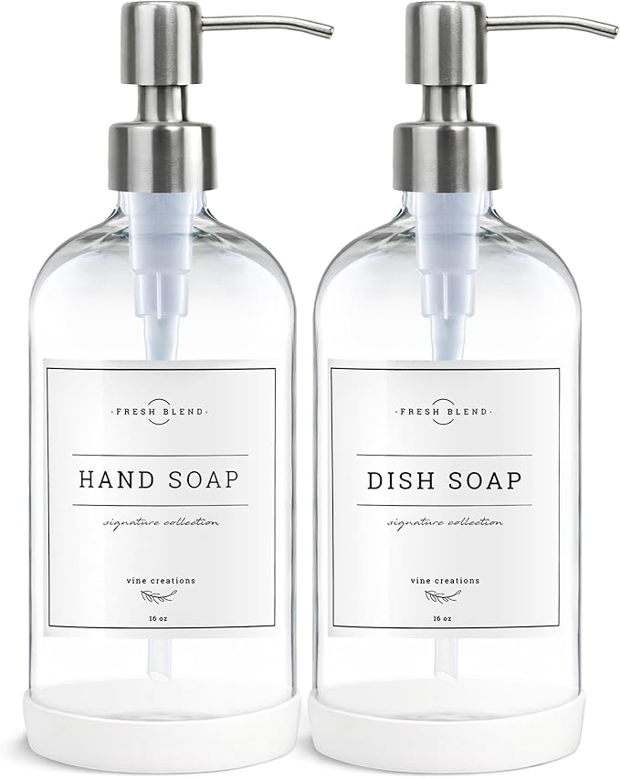 Vine Creations Clear Glass Soap Dispenser, 2 Pack Kitchen Soap Dispenser Set