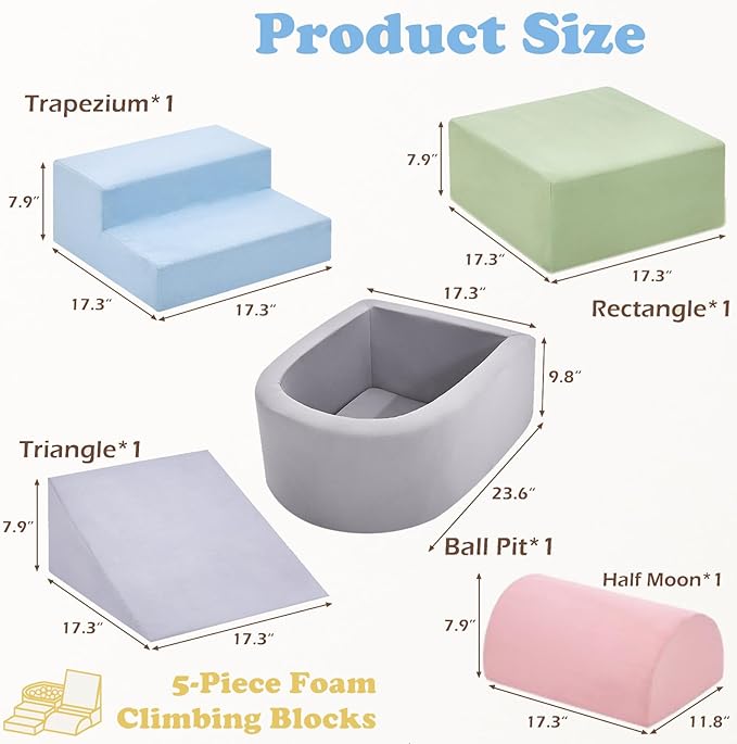 Climbing Toys for Toddlers , Foam Climbing Blocks with Ball Pit for Baby, 5-Piece Soft Toddlers Climbing Toy Indoor,Climbing Crawling Toys Soft Foam Blocks Activity Play Set(Balls not Included)