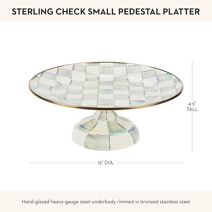 MACKENZIE-CHILDS Enamel Pedestal Platter, Round Cake Stand, Small, Gray-and-White Sterling Check