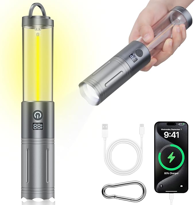 2 in 1 LED Camping Lantern, 2500mAh Rechargeable Camping Light, 6 Modes Outdoor Flashlight Lantern Portable, Waterproof Zoomable Tent Light for Emergency, Hiking, Hurricane, Power Outages