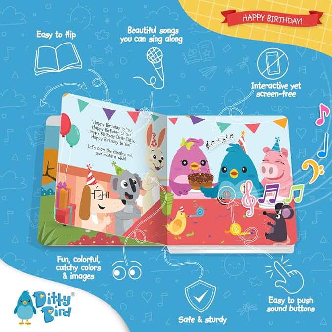 Ditty Bird Musical Books for Toddlers | Happy Birthday Song Board Books for Toddlers 1-3 | Interactive Toddler Book Gifts for Special Day & Celebrations