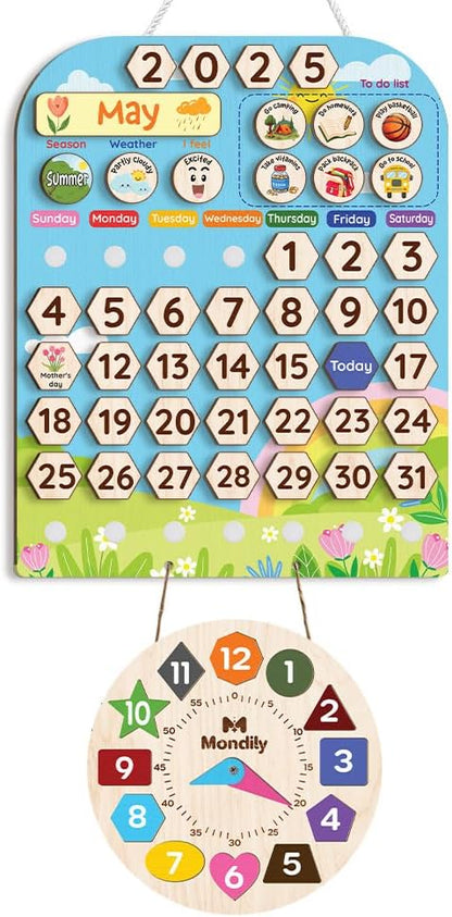 Interactive Calendar for Kids Ages 3+, Wooden Toddler Calendar, Teaching Seasons, Years, Months, Days of Week, Daily Activity Calendars for Kid Preschool & Homeschool (12 x 15 inches)