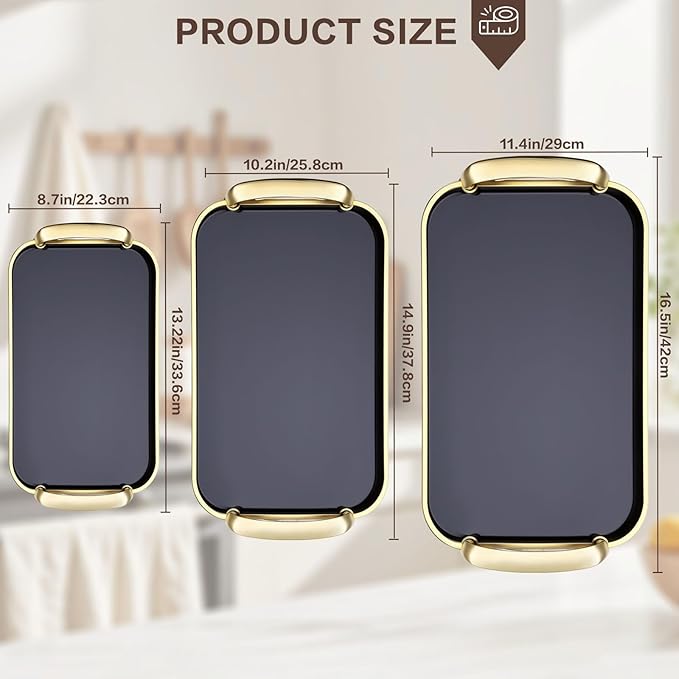 Serving Tray with Handles Set of 3 Rectangular Large Serving Platters 16.5/14.9/13.2 Inch White Plates for Dinner, Party, Entertaining, Black Gold