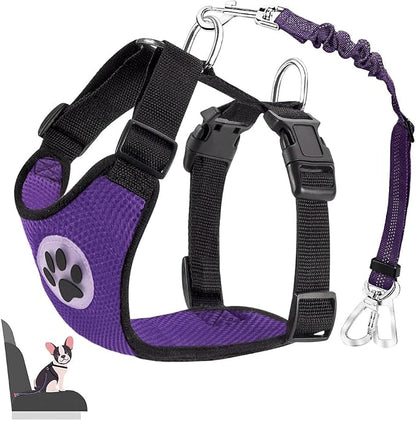 Lukovee Dog Car Harness Seat Belt, Adjustable Mesh Breathable Vest with Elastic Bungee Tether, Soft Padded 2-in-1 Safety Car Harness Seatbelt for Small Medium Large Dogs (Purple,L)