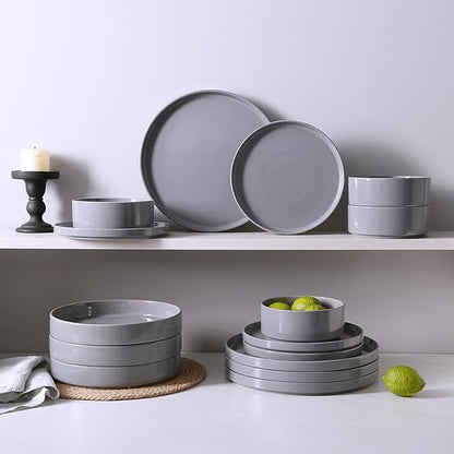 Famiware Nebula Dinnerware Set with Pasta Bowls, Service for 4 (16pcs), Fine Stoneware Plates and Bowls Sets, Microwave and Dishwasher Safe Dishes Set, Dark Gray