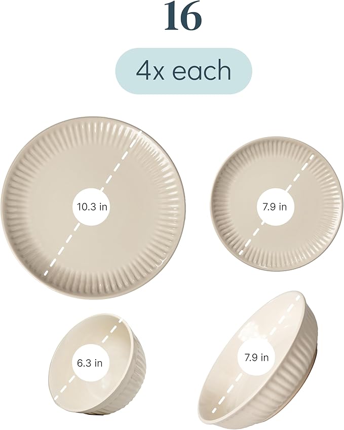 Stoneware Dinnerware Set for 4 People HYGGE 16-Piece - Elegant Scandi Design - Premium Dish Set - Bowl and Plate Set - Tableware for 4 People in a Ribbed Design - Pure Living in Light Brown