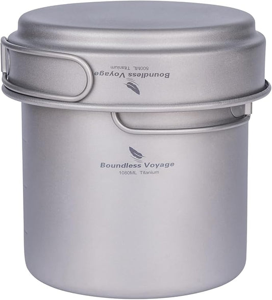 iBasingo Titanium Pot Pan Set with Folding Handle - Ultralight Portable Outdoor Cookware Mess Kit for Camping, Picnic, Travel & Backpacking (1080ml Soup Pot, 900ml Cup, 500ml Frying Pan)