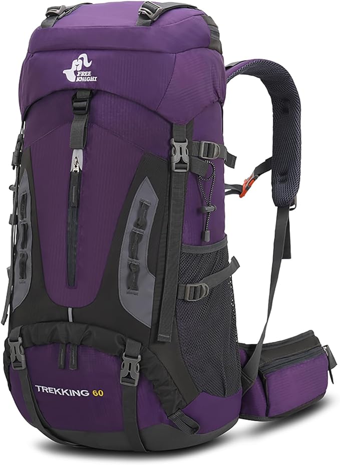 Bseash 60L Hiking Camping Backpack with Rain Cover, Waterproof Large Capacity Outdoor Sport Travel Daypack Climbing Touring (Purple)