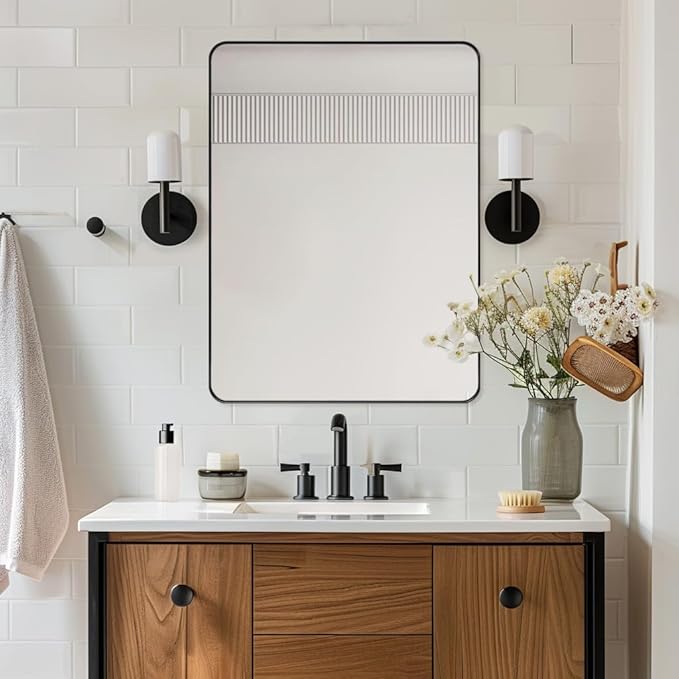 ANDY STAR Wall Mirror for Bathroom, 20”x28” Black Bathroom Mirror, Rounded