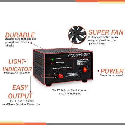 Pyramid Universal Compact Bench Power Supply - 12 Amp Linear Regulated Home Lab