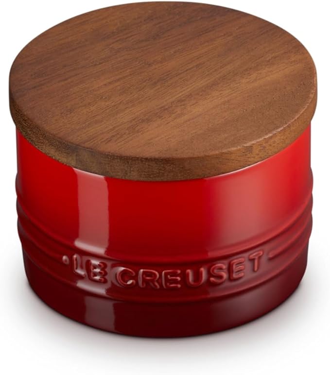 Le Creuset Signature Salt Cellar and Storage Canister with Wood Lid, 7 oz., Cerise