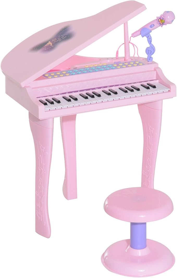 Qaba 37-Key Kids Toy Keyboard Piano Musical Electronic Instrument Grand Piano with Microphone, Stool, MP3, U-Disk, Lights for 3-6 Years, Pink