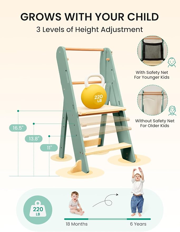 GROWNSY Foldable Step Stool Toddler Tower, Toddler Kitchen Stool Helper, Collapsible Kids Standing Learning Tower with 3 Adjustable Heights and Safety Net for Kitchen Bathroom Sink Counter (Green)