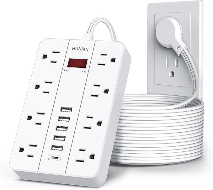 Extension Cord Power Strip Surge Protector 15 Ft, HUNIAN Flat Plug
