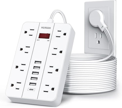 Extension Cord Power Strip Surge Protector 15 Ft, HUNIAN Flat Plug