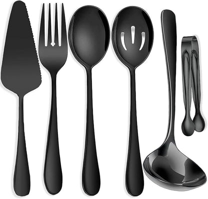 6 PCS Stainless Steel Serving Utensils, Large Serving Spoons Slotted Spoons, Forks, Ice Suger Tongs, Cake Server, Soup Ladle, Metal Utensils Set Great for Buffet Catering Banquet Party, Black