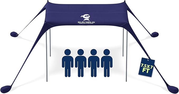 SUN NINJA Beach Tent Sun Shelter UPF50+ - Easy Pop Up Beach Canopy - Outdoor Shade for Camping Trips, Fishing, Backyard Fun Picnics - Sand Shovel, Ground Pegs & Stability Poles