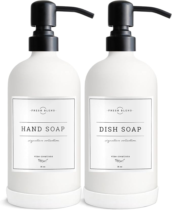 Vine Creations White Glass Soap Dispenser, 2 Pack Kitchen Soap Dispenser Set