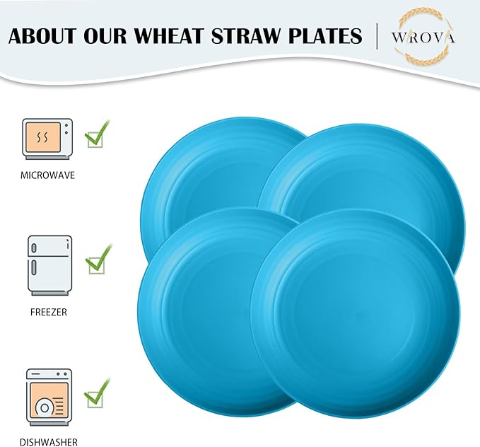 Wrova Wheat Straw Plates 10 Inch - Unbreakable Dinner Plate Set of 8 - Dishwasher & Microwave Safe Plastic Plates Reusable - Lightweight Deep Plate for Kitchen,Outdoor,Dorm (Blue)