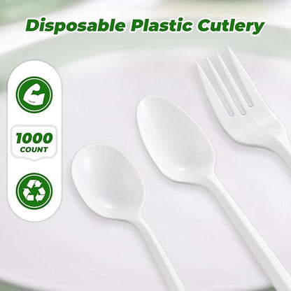 1000PCS Disposable Plastic Teaspoons Bulk Spoons White Silverware Reusable Heavy Duty Disposable Cutlery Plastic Utensils Flatware for Home Restaurant Party Picnic Camping Travel (Teaspoon-1000pcs)
