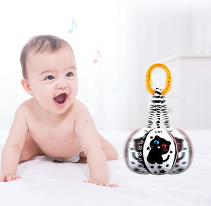 KAKIBLIN Baby Hanging Rattle Toys, 4 Pack Black and White Car Seat Baby Toys Soft Squeaky Stroller Toy for Babies Montessori Sensory Toy 0-12 Months for Newborn Infant, White and Black